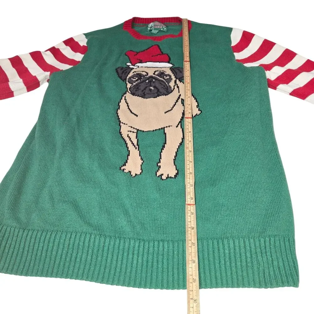 Ugly Christmas Sweater XL Pug Puppy Dog Santa‎ hat Green Striped Holiday Funny